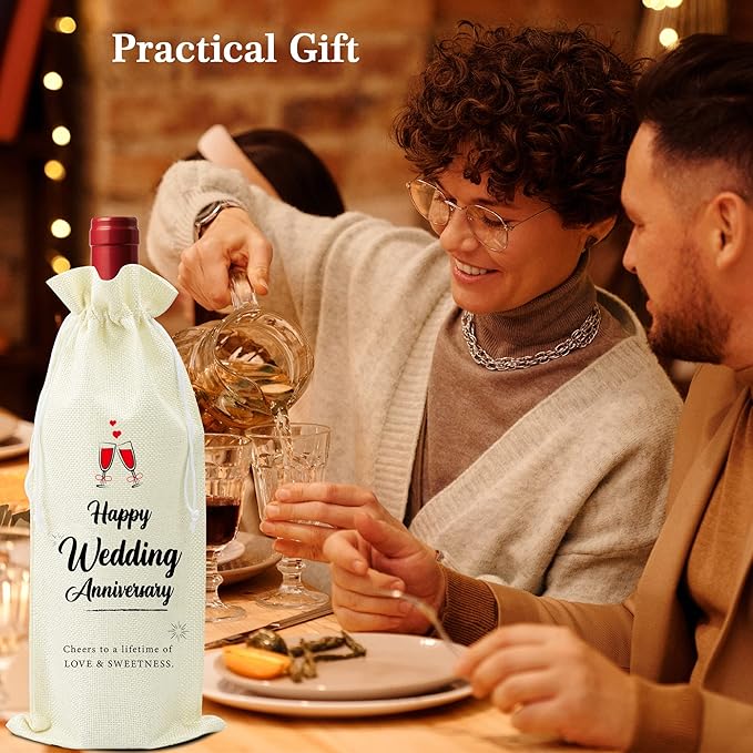 Omoojee 4 Pcs Wedding Anniversary Wine Bag, Couple Gift for Married Anniversary, Flax Drawstring Wine Bag