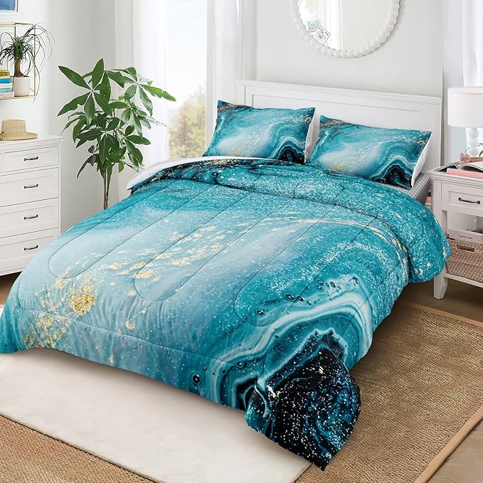 Bedbay Blue and Gold Marble Bedding Comforter Set Queen Size Teal Bedding Boys Girls Queen Duvet Set 4 Pcs Modern Marble Texture Quilt Set Bedroom Guest Room Decor Soft and Lightweight(Blue,Queen)