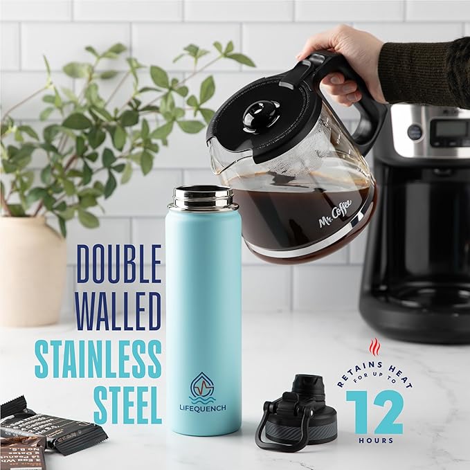 Insulated Water Bottle with Straw and Handle 22 oz-Stainless Steel Water Bottles with Straw, Dual Cap Function & Sleeve, Keeps Drinks Hot Up to 12 Hours & Cold Up to 24 Hours (Light Mint)