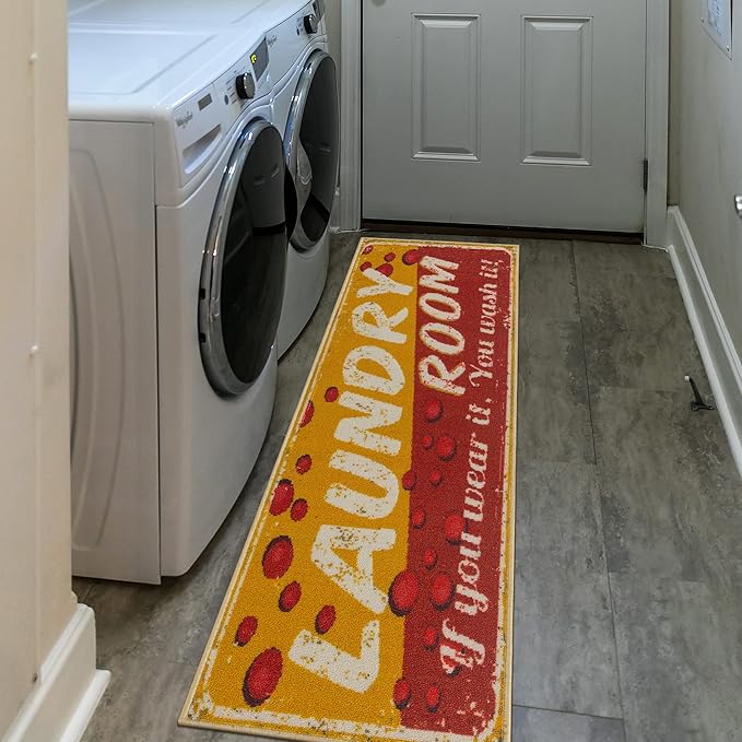 Machine Washable Bubbles Design Laundry Room Rug Non-Slip Rubberback 2x5 Laundry Runner Rug for Laundry Room, Bathroom, Washroom, 20" x 59", Red/Yellow