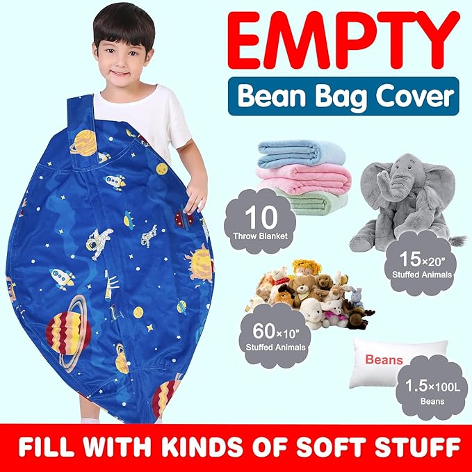 Lukeight Stuffed Animal Storage Bean Bag Chair Cover for Kids, Zipper Beanbag Chair Cover for Organizing Toddler and Kids' Rooms Plush Toys (Outer Space Velvet, Large)