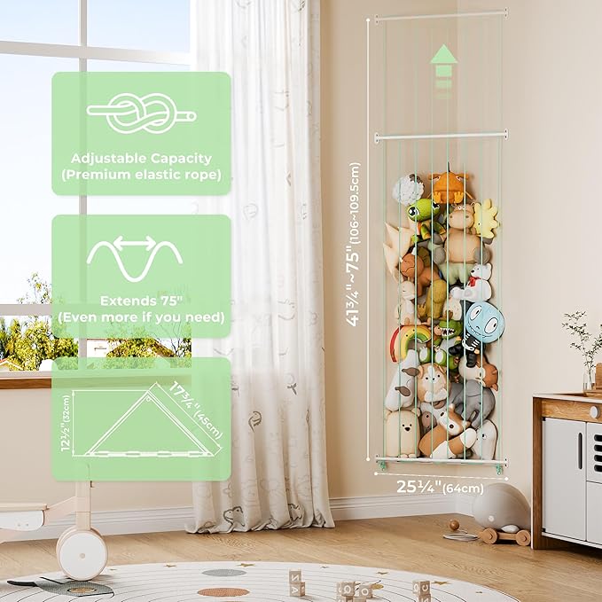 GRANNY SAYS Stuffed Animal Storage, Corner Stuffed Animal Holder for Toy Storage, Adjustable Length Stuff Animal Organizer, Large Hanging Toy Shelf for Toddler Boys Girls Kids Room, Green