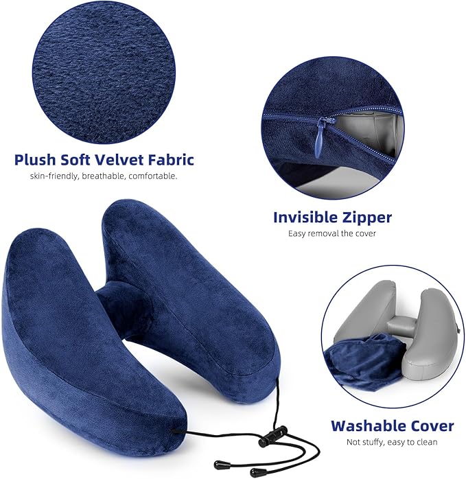 Inflatable Travel Pillow, H-Shape Inflatable Neck Pillow for Traveling on Plane, Washable Cover Travel Pillow Inflatable Airplane Pillow for Neck Support, Blow up Neck Pillows for Air Travel