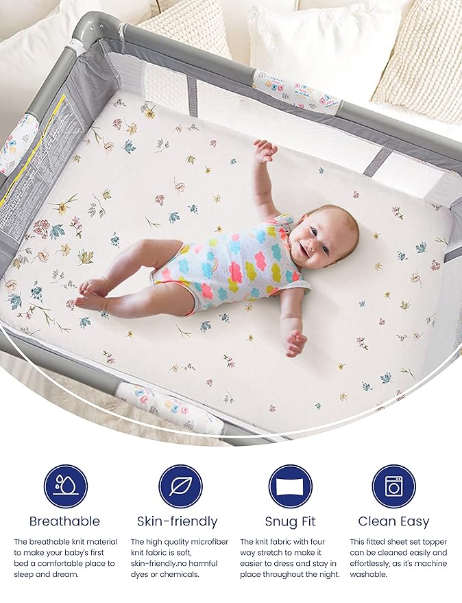 TotAha Premium Stretchy Pack N Play Playard Sheets | Mini Crib Sheets (2-Pack)-Hypoallergenic, Silky Comfort, AButtery Soft, Calming Effect, All-Season Jersey-Knit (Blue Flower & Small Floral)