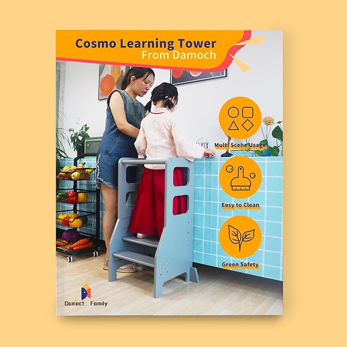 Damoch Family™ Kids Kitchen Step Stool with Anti-Drop Safety Rail,Toddler Standing Tower with CPC Certification,Patented Design (Grey)