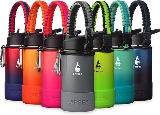 Farsea Insulated Water Bottle With Paracord Handle, Protective Silicone Boot and 2 Lids (Straw Lid & Spout Lid), Stainless Steel Water Bottle Wide Mouth, Double Wall Sweat-Proof BPA-Free,12 oz
