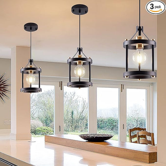MO&OK Chandelier Set of 3 Vintage Pendant Light Fixture, Black Farmhouse Wooden Metal Chandeliers, Open Frame Hanging Lighting for Diningroom,Bar,Entrance Hall,Kitchen Island Living Room