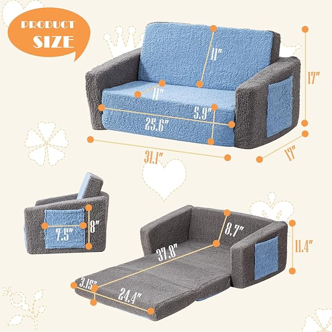 Baby Toddler Sofa Couch for Kids Extra Wide 2-in-1 Toddler Sherpa Fold Out Couch Bed for Playroom, Pull Out Children Convertible Sofa to Lounger for Boys and Girls with Double Pockets, Grey-Blue