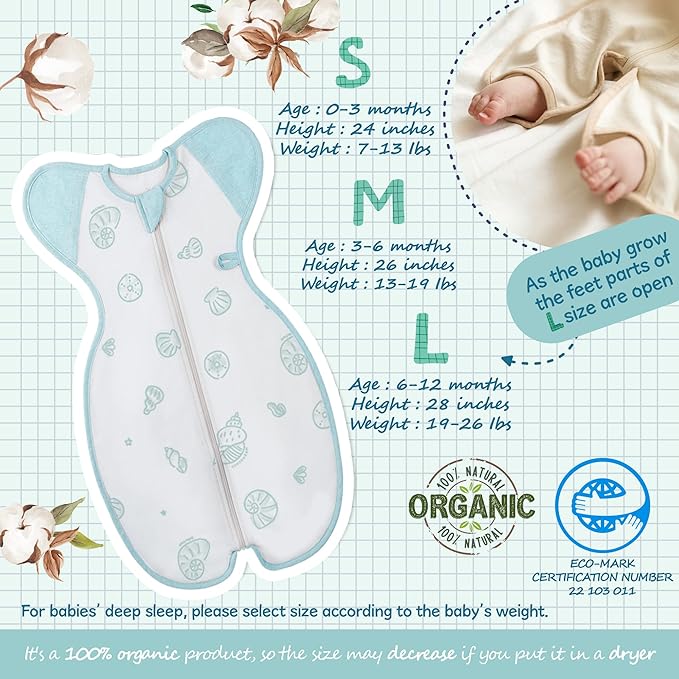 Swaddle, Organic 100% Air mesh, Aqua Shells, Large, 6-12 Months,19-26 lbs, Transition Baby Sleep Sack