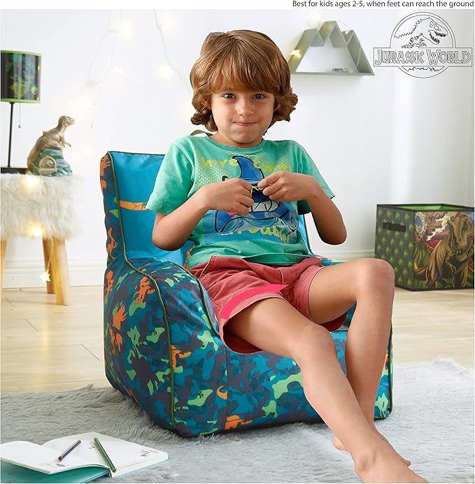 Idea Nuova Jurassic World 2 Kids Nylon Bean Bag Chair with Piping & Top Carry Handle, Blue, 18" H x 18" W
