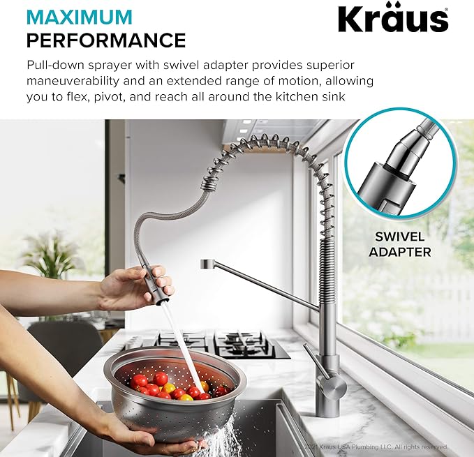 KRAUS Oletto Commercial Style Single Handle Pull Down Kitchen Faucet with QuickDock Top Mount Installation Assembly in Brushed Brass, KPF-2631BB