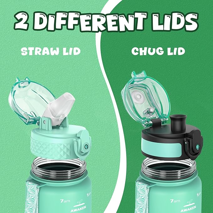 OLDLEY Kids Water Bottle for School, 17 oz (2 lids) BPA-Free Reusable Leak-proof Durable Tritan Plastic Water Bottles with Straw & Chug Lids, Anti-dust Spout Cover (Green Purple)