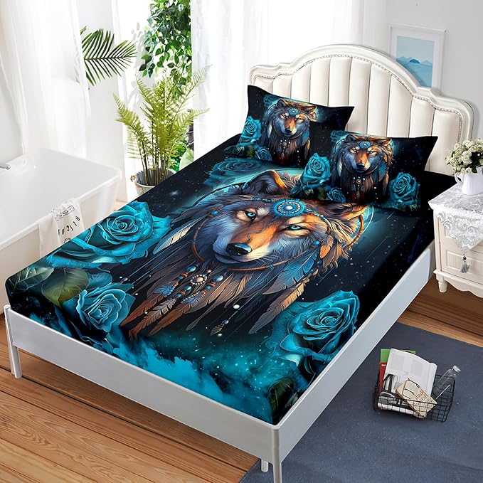 AILONEN Wolf Fitted Sheet Set Twin XL Size Dream Catcher Bed Sheet Set, Blue Rose Smoke Wolf Sheet Set for Boys Girls,Animal Wolf Fitted Sheet with 2 Pillowcases,3 Pieces