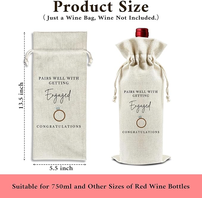 Pairs Well with Getting Engaged - Gifts for Couples Wine Bags, 1 PC Reusable Drawstring Burlap Wine Bottle Bags, Engagement Gifts for Bride Groom, Wine Accessories Engagement Party Favors -06