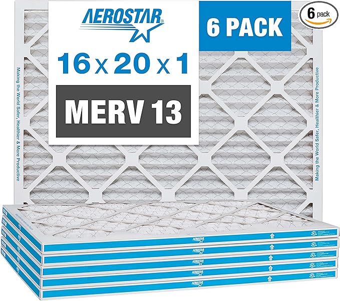 Aerostar 16x20x1 MERV 13 - 6 Count - Pleated HVAC, Furnace & Air Conditioner Filters - Removes Bacteria, Dust, Cold & Flu Germs, Lint, Mold, Pet Dander, Allergy-Causing Pollen, Smog, Smoke & Viruses