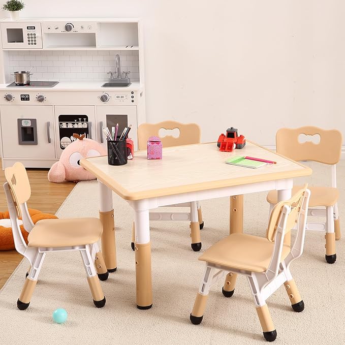 Kids Table and Chairs Set, Height Adjustable Desk With 4 Seats for Ages 2-10,Arts & Crafts Table,Graffiti Desktop, Non-Slip Legs, Max 300lbs, Children Multi-Activity Table for Classrooms,Daycares,Home