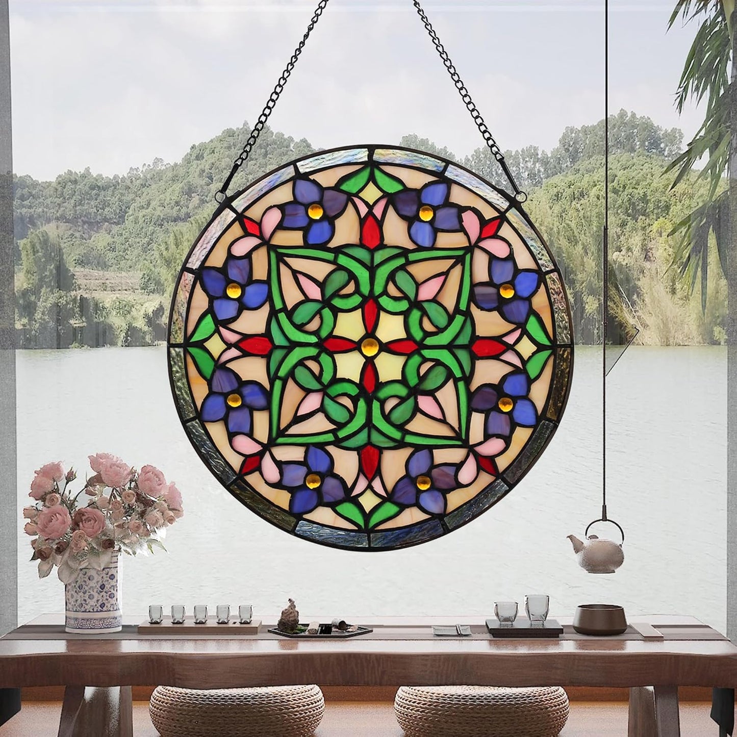 Handcrafted Stained Glass Window Panel - 12-Inch Round Floral Design with Vibrant Colors, Elegant Decorative Hanging Art for Home Décor, Includes 20-Inch Chain & Hook (Green Flower)