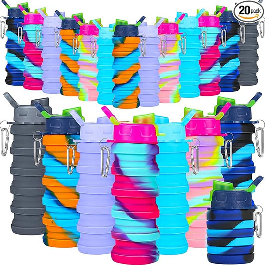Sunnyray 20 Pack Collapsible Water Bottles 17oz Silicone Portable Water Bottle Bulk Foldable Leak Proof Water Bottle Reusable Camouflage Sports Bottles with Clip for Travel Hiking Camping Outdoor
