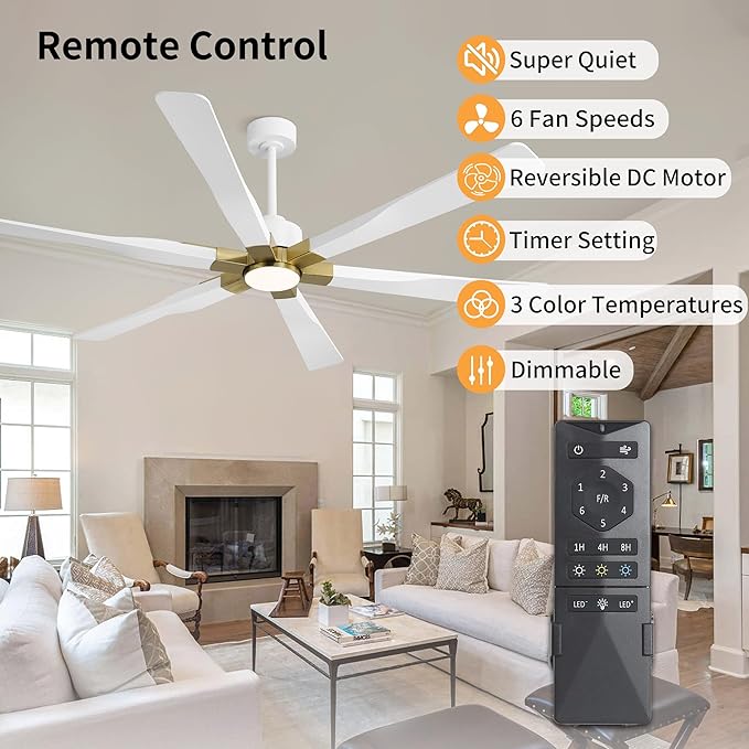 68 Inch Ceiling Fan with Lights and Remote Control, 6 Reversible ABS Blades, 6-Speed Noiseless DC Motor with 4.5" / 12" / 24" Downrods for Bedroom Dining Living Room, Gold and White