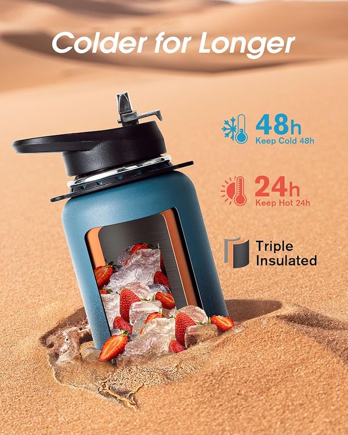 Coolflask Insulated Water Bottle with Strap, 32 oz Metal Water Flask with Straw & Spout Lids, Stainless Steel Double Wall Vacuum, Keep Cold 48h Hot 24h, Leak Proof & Non-BPA, Prussian Blue