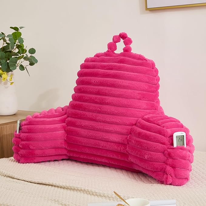 Faux Fur Fluffy Hot Pink Reading Pillow with Pockets, Luxury Striped Plush Decorative, Arm Rests and Back Surport for Bed Rest, Lounging on sofa, Large