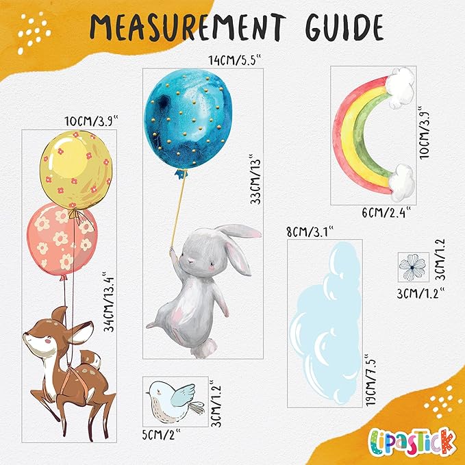 Hot Air Balloon Wall Decals for Kids by Lipastick – 87 pcs Cartoon Animals Wall Decals for Girls Boys Kids Baby - Animal Wall Stickers for Nursery Room Bedroom - Raccoon Fox Koala Panda M Size