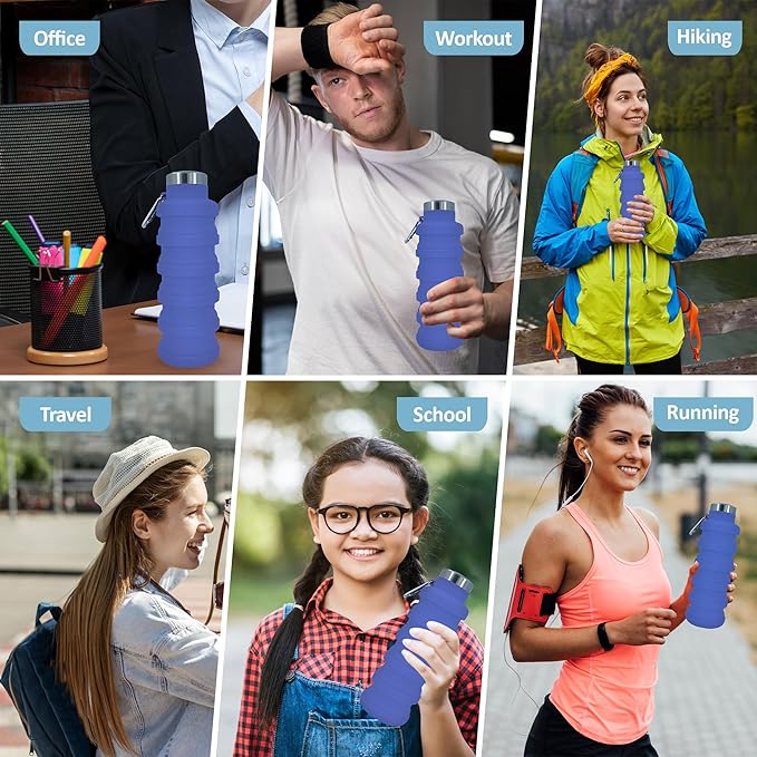 Collapsible Water Bottles 12oz, Odorless BPA-Free Silicone, Leak-Proof Foldable Reusable Bottle - Perfect for Travel Sports Gym Hiking Camping Cycling - Purple