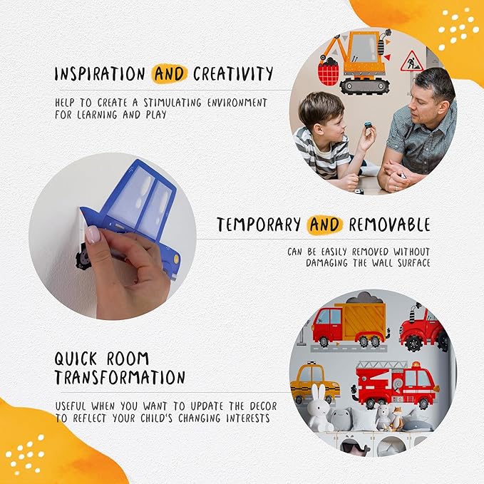 Large Car Wall Decals for Kids by Lipastick - 139 pcs Transports Wall Stickers Peel and Stick Truck Stickers - Wall Decals for Boys Kids Baby Room - Construction Cars City Wall Decor XXL Size