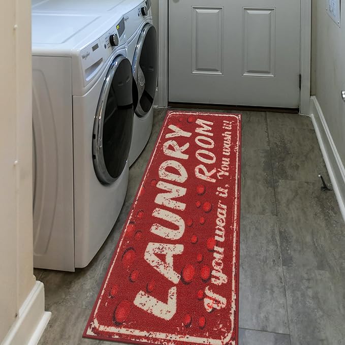 Ottomanson Laundry Collection Non-Slip Rubberback Laundry Text Design 2x5 Laundry Room Runner Rug, 20" x 59", Red