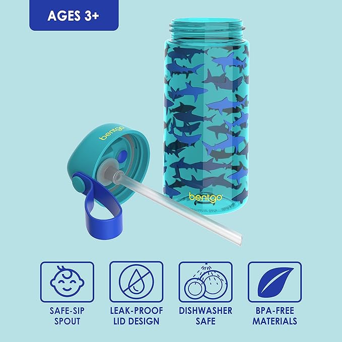 Bentgo Kids Water Bottle - Leak-Proof, Durable Tritan™, BPA-Free 15 oz. Cup for Kids/Toddlers Ages 3+ - Flip-Up Straw & Dishwasher Safe for School, Sports, Daycare & Camp (Sharks)