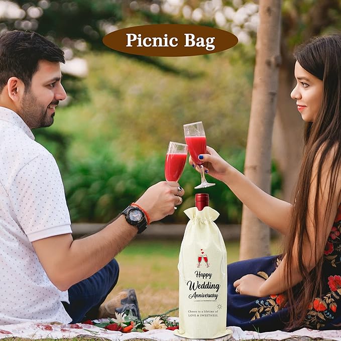 Omoojee 4 Pcs Wedding Anniversary Wine Bag, Couple Gift for Married Anniversary, Flax Drawstring Wine Bag
