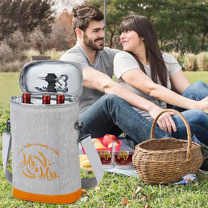 Cool Bridal Shower Gifts,Anniversary Wedding Gifts,Engagement Gifts for Couples 2024,Mr and Mrs Gifts - Insulated Wine Cooler Bag with Wine Glasses,Married Gifts for Newlyweds,Newly Engaged Couples