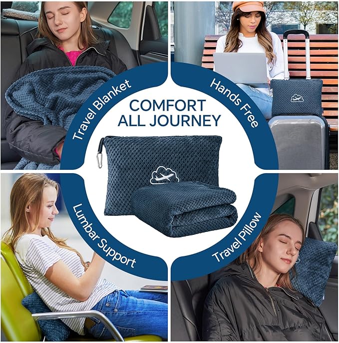 BEDELITE Travel Blanket Airplane Compact with Bag, Portable and Packable 2 in 1 Travel Pillow and Blanket Set, Airplane Blanket Travel Essentials with Luggage Sleeve & Backpack Clip, Navy Blue