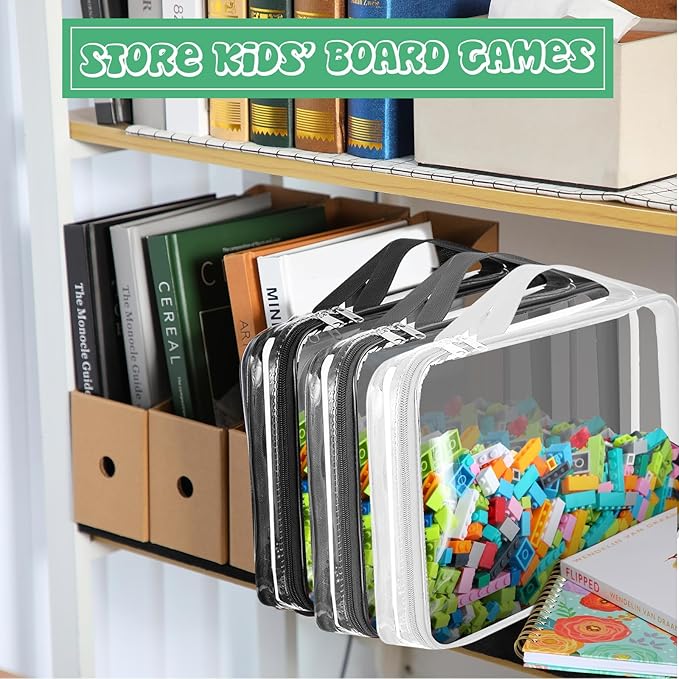 Sanwuta 3 Packs Toy Storage Bags with Zipper, Clear PVC Organizing Bags, Waterproof Toy Bags for Board Games, Building Blocks, Toys and Kids Books (Black, White, Gray,12.6 x 9 x 2.36 Inch)