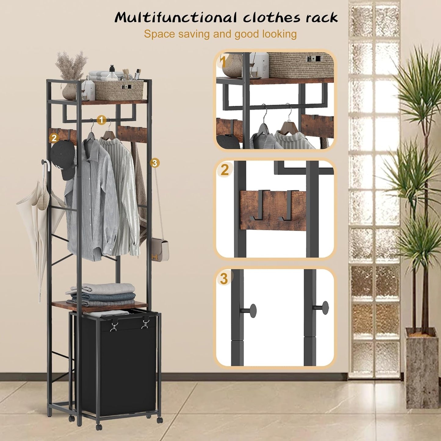 Coat Rack with Laundry Basket, Laundry Hamper Freestanding Hall Tree, Clothes Rack with Storage Shelves, 14.5 Gal Removable Bags on Wheels, Black and Brown JLH005SR