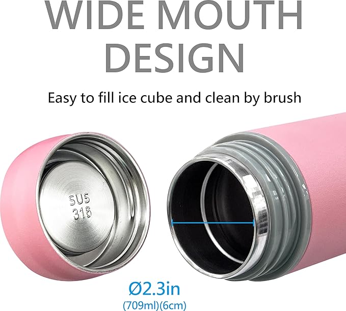 24 OZ 316 Stainless Steel Vacuum Insulated Water Bottle, Keep Cold and Hot, Seamless Cup Leak Proof And Wide Mouth, Pink