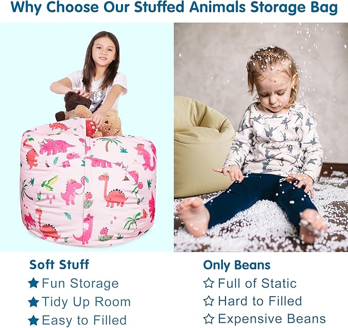 Lukeight Stuffed Animal Storage Bean Bag Chair Cover for Kids, Dinosaur Zipper Beanbag Chair Cover for Organizing Toddler and Kids' Rooms Plush Toys (Dinosaur Blush, Large)