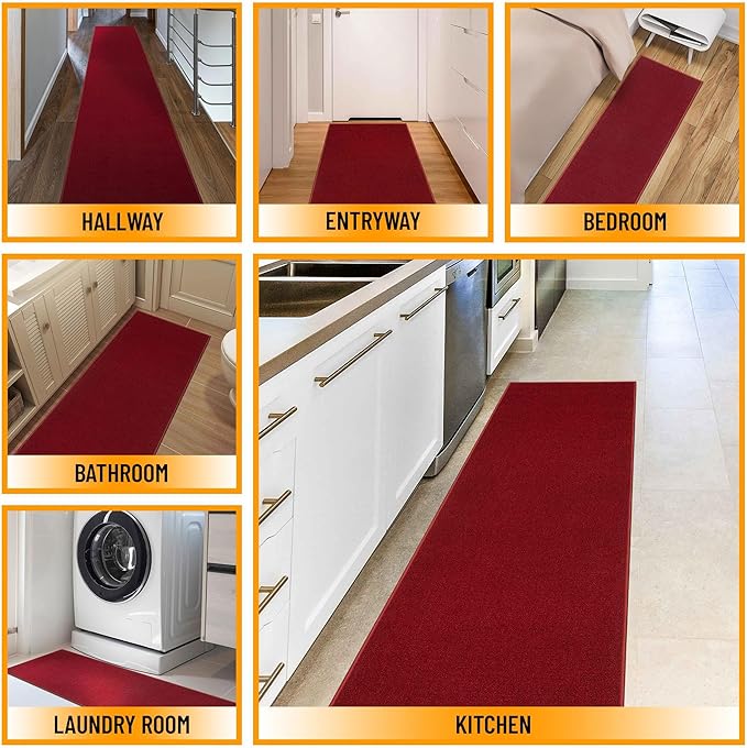 Machine Washable Modern Solid Design Non-Slip Rubberback 2x5 Traditional Runner Rug for Hallway, Kitchen, Bedroom, Entryway, 20" x 59", Red