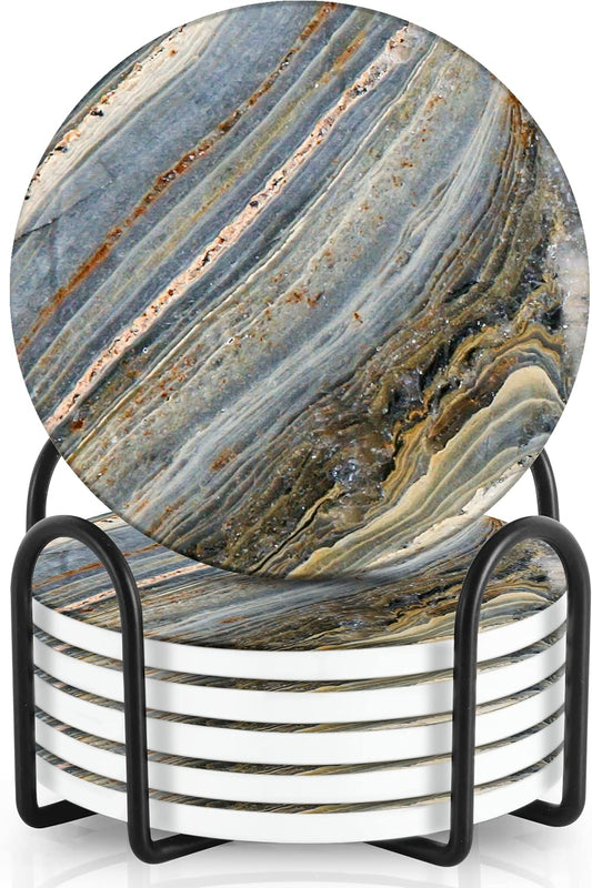 Emerson Coasters for Drinks Absorbent – Natural Stone Drink Coasters Set with Holder, Coasters for Coffee Table, Wooden Tabletop Protection Marble Style – 100% Heavy Duty Set of 6 (Moon)
