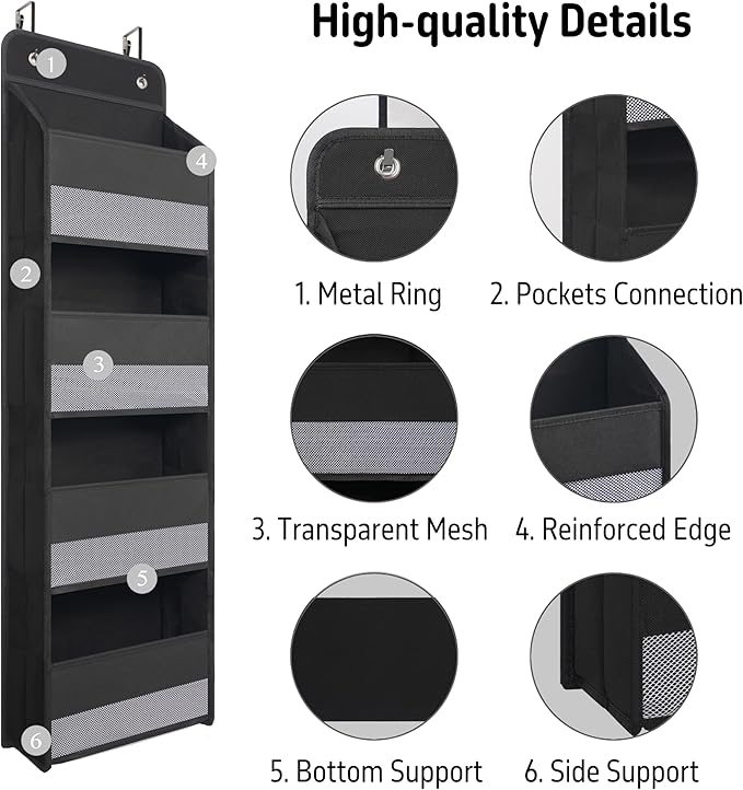 Heavy Duty Over Door Organizer, Hanging Organizer Storage with 4 Large Capacity Pockets, Closet Bathroom Nursery Bedroom Dorm, Toys Cosmetics Sundries and Baby Essentials, Black