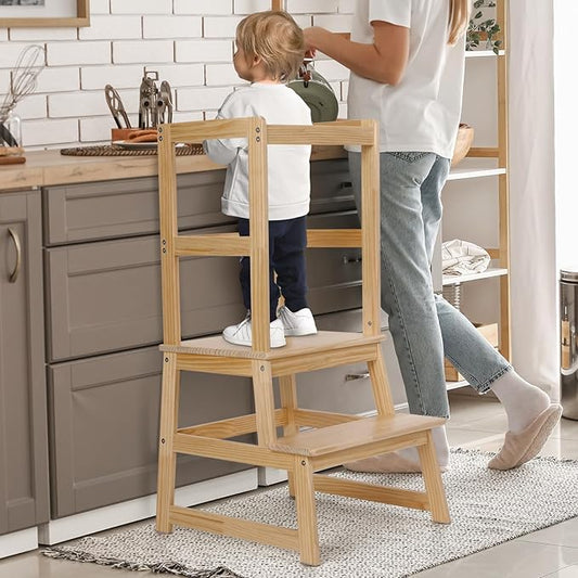 Kids Kitchen Step Stool, Standing step stool with Safety Rail for Toddlers 18 Months and Older, Safety Anti-Slip Protection, Removable Step Stool for Adult Use, Natural