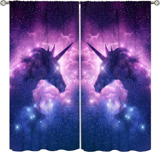 Unicorn Curtains Children's Cartoon Starry Sky Theme Unicorn Pattern Curtains Star Galaxy Boys Girls Room Blackout Curtains 63x72 Inch 2 Panels