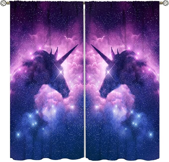 Unicorn Curtains Children's Cartoon Starry Sky Theme Unicorn Pattern Curtains Star Galaxy Boys Girls Room Blackout Curtains 84x84 Inch 2 Panels