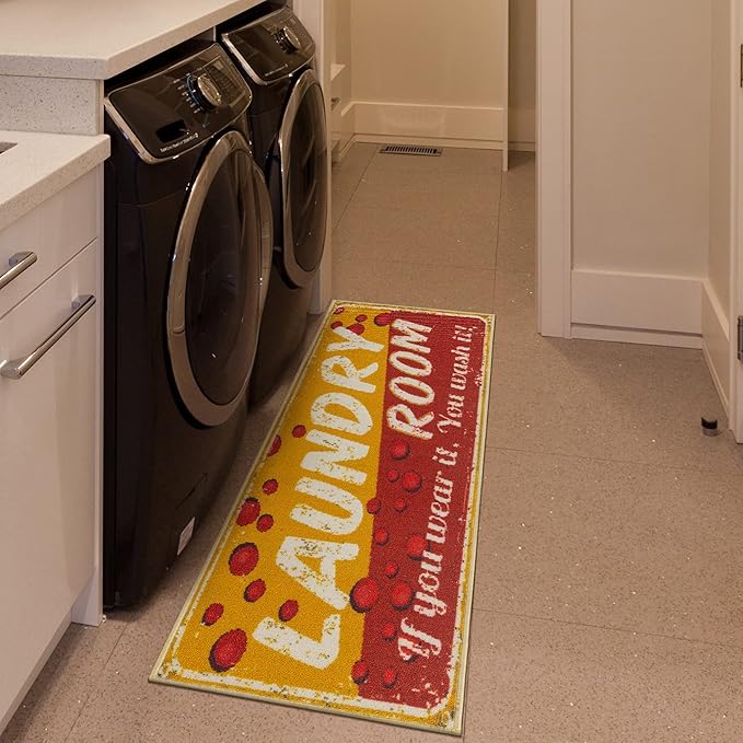 Machine Washable Bubbles Design Laundry Room Rug Non-Slip Rubberback 2x5 Laundry Runner Rug for Laundry Room, Bathroom, Washroom, 20" x 59", Red/Yellow
