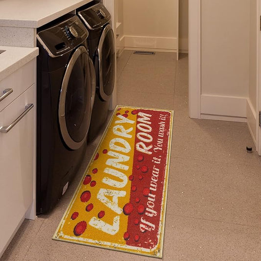 Machine Washable Bubbles Design Laundry Room Rug Non-Slip Rubberback 2x5 Laundry Runner Rug for Laundry Room, Bathroom, Washroom, 20" x 59", Red/Yellow