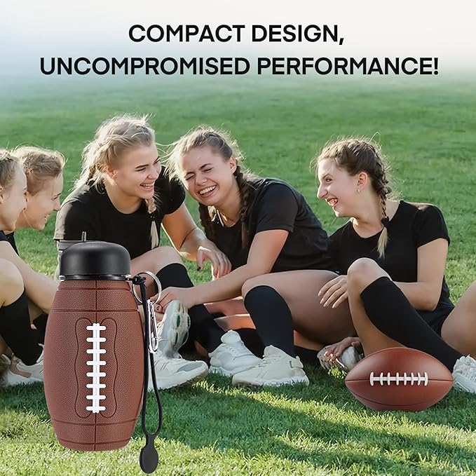 Kids Sports Collapsible Water Bottle | Ball Shaped Drinking Cup | Foldable BPA Free Leakproof Lightweight Silicon Jug | School Lunch Mug Team Gift Travel (American Football 600ml/20.3oz)