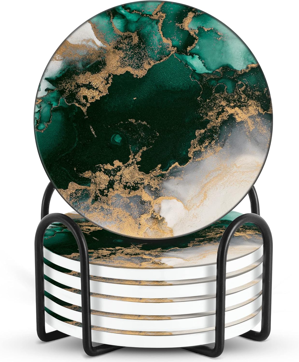 Emerson Coasters for Drinks Absorbent – Natural Stone Drink Coasters Set with Holder, Coasters for Coffee Table, Wooden Tabletop Protection Marble Style – 100% Heavy Duty Set of 6 (Green Forest)