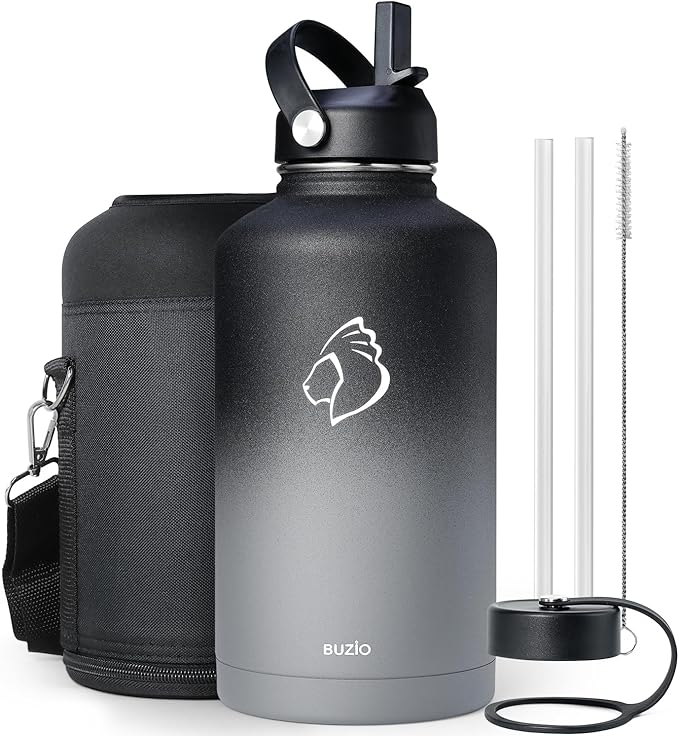 Insulated Water Bottle 64 oz with Straw Lid and Flex Lid, BUZIO 64oz Stainless Steel Water Bottle Half Gallon Jug Flask, Double Wall Vacuum Sports Thermo Mug, Cold Hot Hydro Metal Canteen