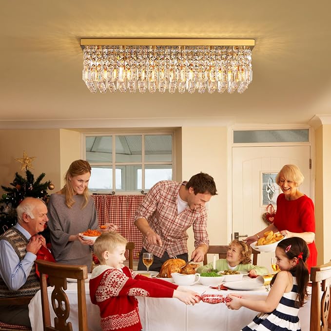 Siljoy Modern Crystal Chandelier 6-Lights Rectangle Flush Mount Pendant Ceiling Light Fixture Luxury Gold Rectangular K9 Crystal Raindrop Chandelier for Dining Living Room Kitchen Island Bar L31.5''