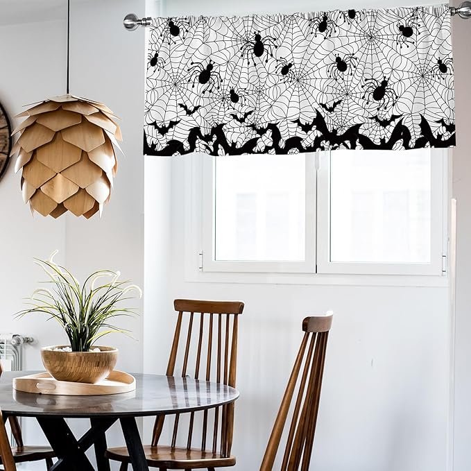 Halloween Curtain Valance 54 x 18 Inch Bat Spider Web Valance Curtain Rod Pocket White Black Short Window Treatment for Home Party Window Decor